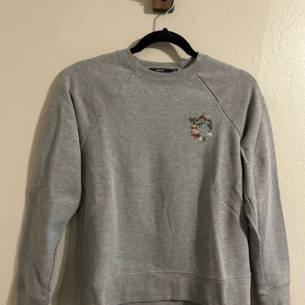 Obey Gray Crewneck Sweater with Floral Embroidered Detail